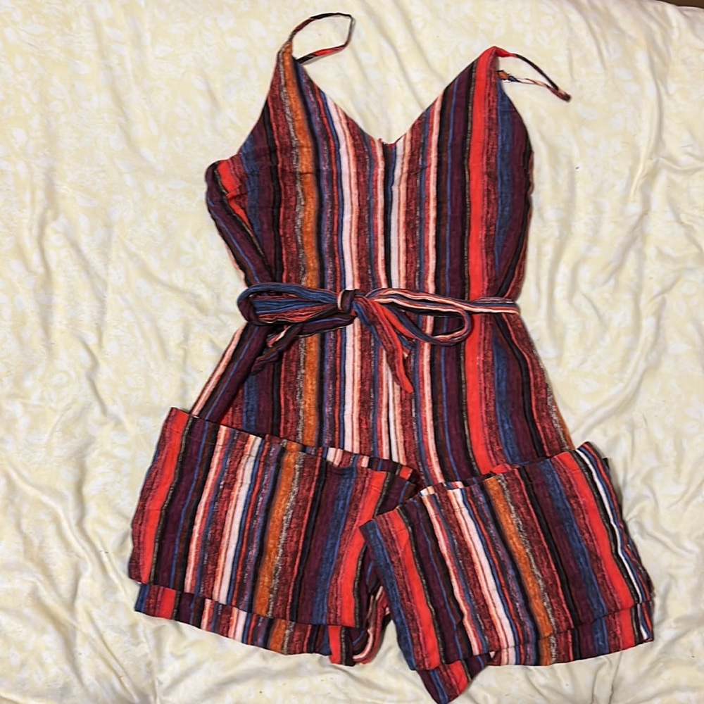 Warm toned striped romper.
